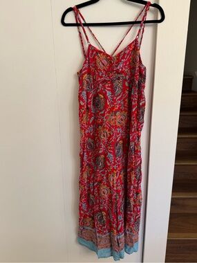 Anthropologie Red Floral Jumpsuit with Strappy Shoulders